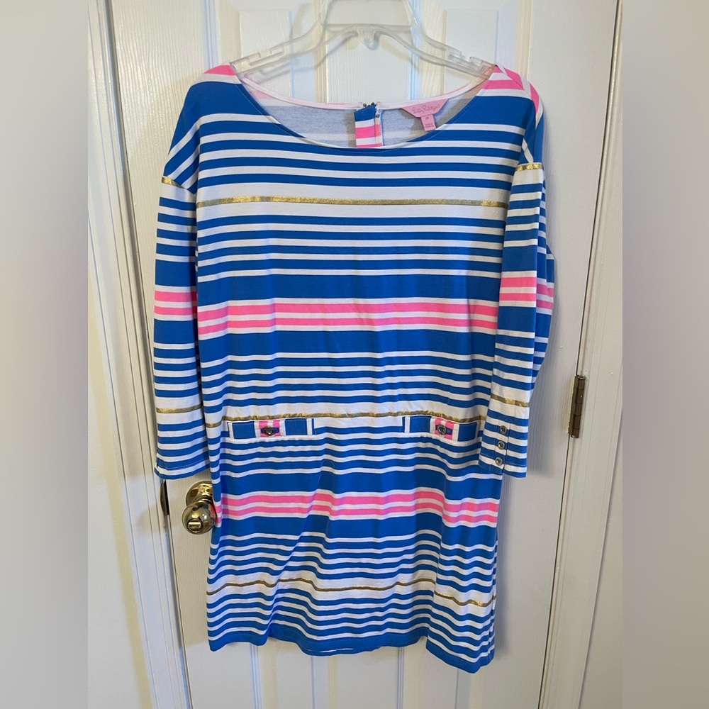 Lilly Pulitzer striped dress (hot pink, blue, gold) with gold button details